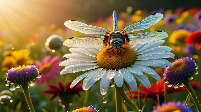 Close-up of dragonfly sitting a sunflower in a sunset with flower gerden