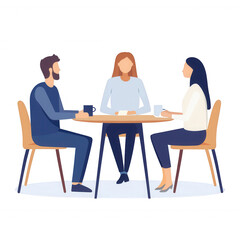 Obraz premium Three colleagues engaging in a productive meeting around a table with coffee., isolated on a transparent background.