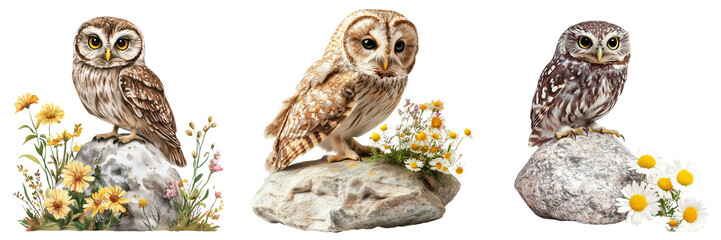 Fototapeta premium Set of Close-up of a Common Barn Owl (Tyto alba) perched on a rustic wooden branch on transparent png background