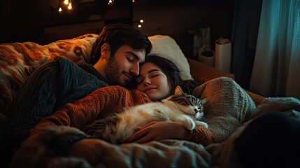 A cozy indoor scene featuring a couple cuddling on a bed, both with content expressions as they rest their heads close together.