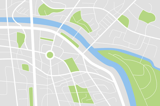City map. Roadways, water bodies and park areas. Gps map top view. Vector concept