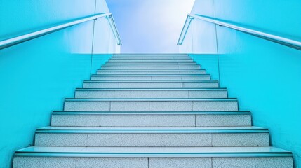 Fototapeta premium Manifest and vision concept, A modern staircase leads upward, illuminated by soft light, with vibrant blue walls creating a serene atmosphere.