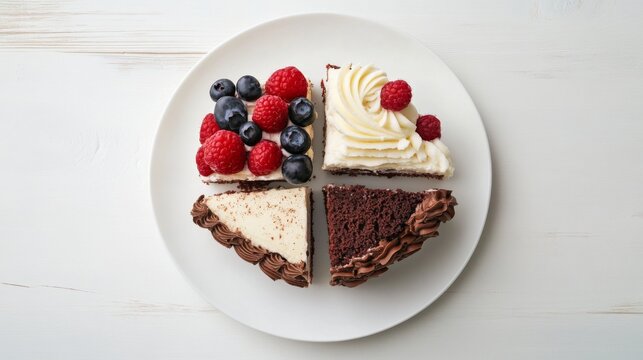 Four slices of chocolate cake with different toppings on a white plate.