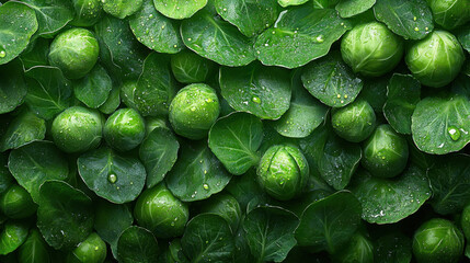A top-down view of fresh Brussels sprouts surrounded by crisp green leaves, covered in tiny water droplets. The rich texture and natural shine highlight their freshness and organic quality.  

