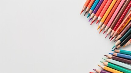 Fototapeta premium Neatly arranged colored pencils on a plain white background, bright colors, with smooth movement for text, ideal for artistic or advertising purposes.
