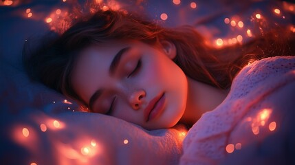 Capturing peaceful rest surrounded by warm, glowing lights in a serene bedroom atmosphere at twilight