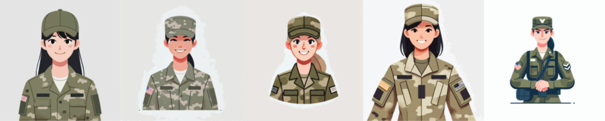 vector set of female soldiers smiling
