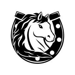 Icon cute horse with horseshoe on white background.