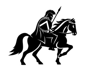 Warrior with spear and shield riding a horse on white background.