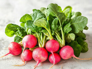 Bright red radishes leafy green tops are displayed against clean white background. bulbs exhibit glossy finish while leaves appear fresh and crisp emphasizing their natural beauty.