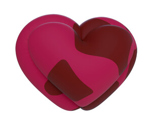 3D heart  made of two-tone red material on transparent background