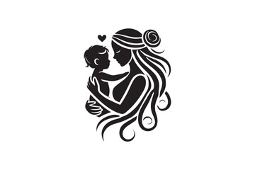 simple and unobtrusive mom and baby child vector silhouette illustration isolated in white background. Happy Mother's Day