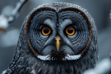 Portrait of a realistic owl staring directly with striking orange eyes in a snowy environment