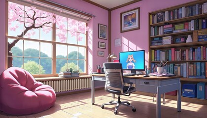 Cozy and colorful workspace with a pink theme and cherry blossoms outside.