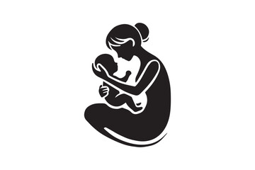 simple and unobtrusive mom and baby child vector silhouette illustration isolated in white background. Happy Mother's Day