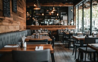 the interior design of an urban, modern restaurant with a dark gray and light wood color scheme, rustic brick walls, gray fabric seating, wooden tables and chairs
