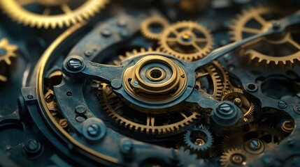 Intricate clockwork mechanism showcasing gears and cogs in motion.