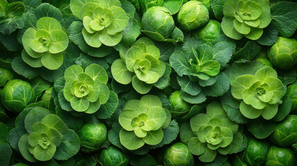 A detailed close-up of fresh green cabbage, Brussels sprouts, and leafy vegetables arranged in a natural pattern. The rich textures and shades of green highlight freshness.
