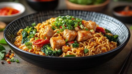 Fototapeta premium Delicious Spicy Asian Noodles with Pork, Vegetables and Herbs