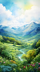 Obraz premium Digital watercolor forest landscape abstract graphic poster background