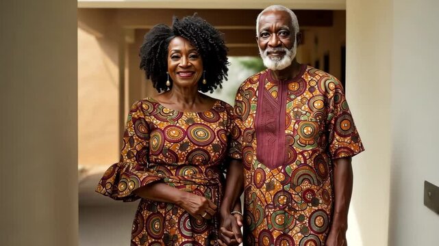 Portrait, african couple and tradition with colorful clothing for culture, family and love. Black, ethnicity and senior people with traditional dress for celebration, relationship or heritage