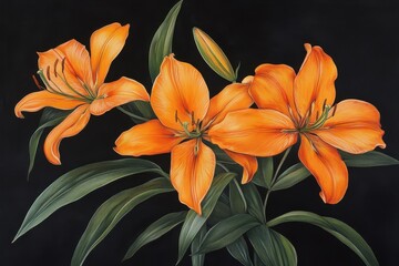 Obraz premium Close-up of Four Orange Lilies with Green Leaves Against a Black Background . A vibrant display of orange lilies set against a stark black background, highlighting their vivid color .