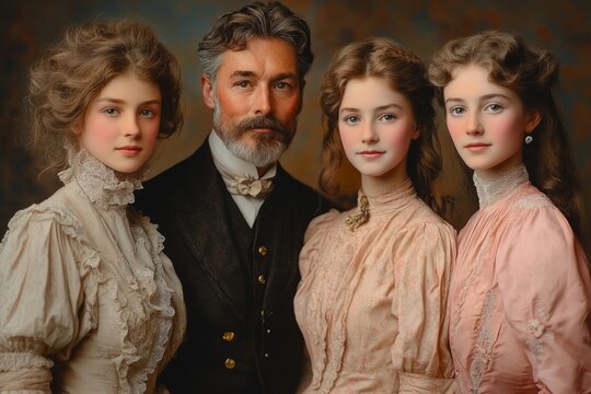 Vintage family portrait featuring a father and his three daughters in a classic setting