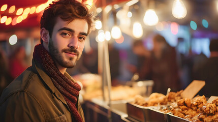 Obraz premium Young Man Enjoying Delicious Street Food at Night Market Festival