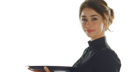 Joyful Waitress in Black Shirt Serving Food in Restaurant Kitchen