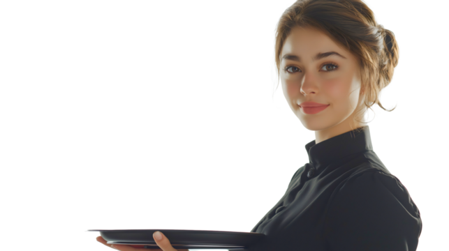 Joyful Waitress in Black Shirt Serving Food in Restaurant Kitchen