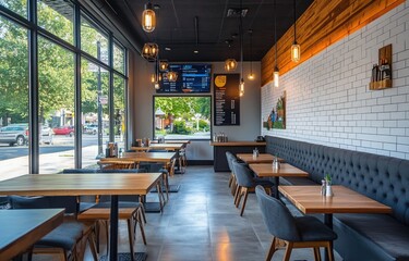 A modern rustic restaurant interior with dark wooden walls, grey fabric seating, and tables arranged in an L-shaped layout.