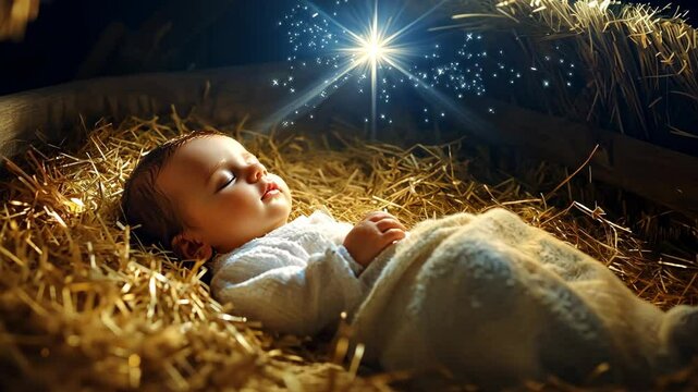 Nativity scene: baby Jesus Christ lying in a manger. Christmas background