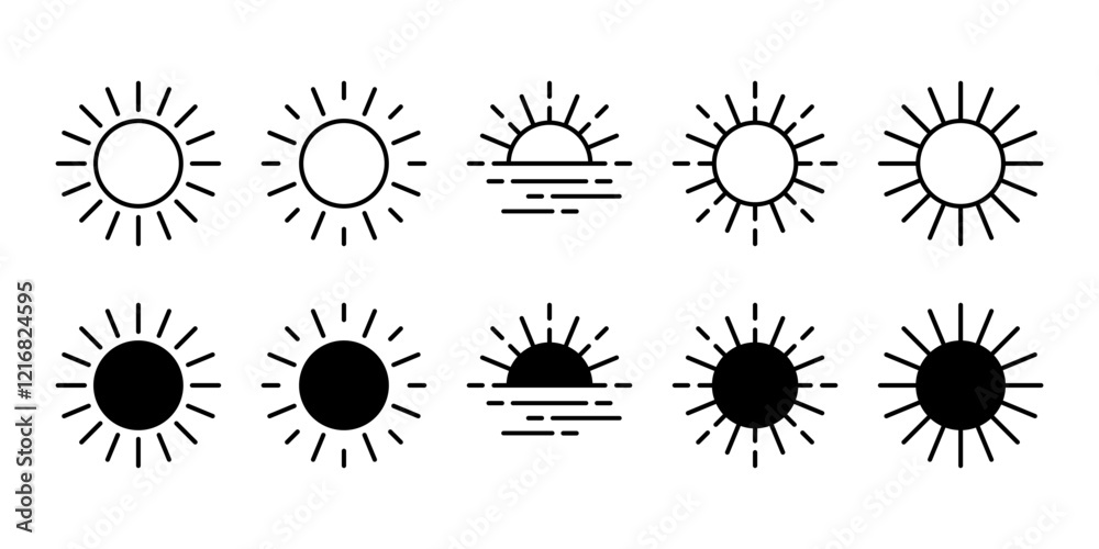 Wall mural sun icons collection. set of black vector line elements on white background.
