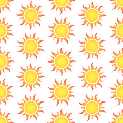 Gradient stylized yellow orange sun icons on white background. Vector seamless pattern.