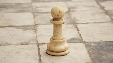 A close-up view of a weathered white pawn on a rustic chessboard with faded tiles