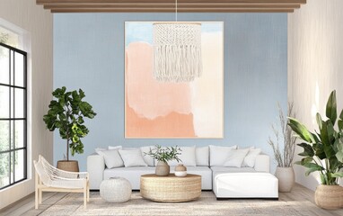 Cozy living room with a sofa, an armchair, and a macrame chandelier over the window in a Scandinavian interior design of modern home decor