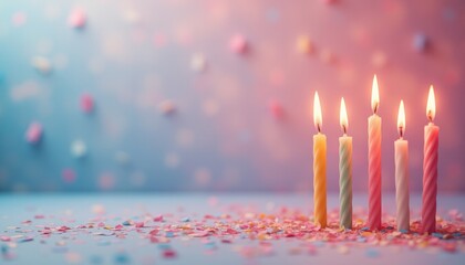 Birthday candles and confetti on pastel background.