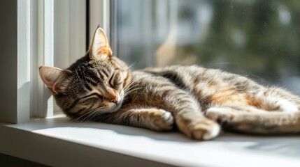 Cat relaxing on a sunny windowsill. Featuring a cat relaxing on a sunny windowsill. Highlighting peaceful and serene pet moments. Ideal for pet and home themes.