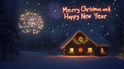 Fototapeta premium Merry Christmas and Happy New Year: Festive Cabin in a Snowy Winter Wonderland