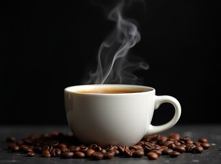 Hot Coffee Cup with Smoke & Beans - Black Background