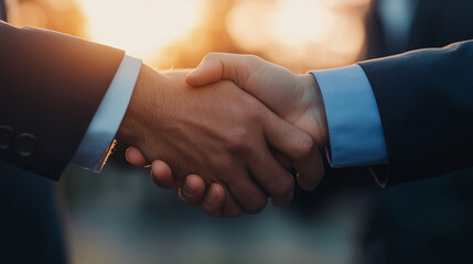 close up of two hands shaking, symbolizing partnership and agreement in professional setting. warm sunset adds positive atmosphere.