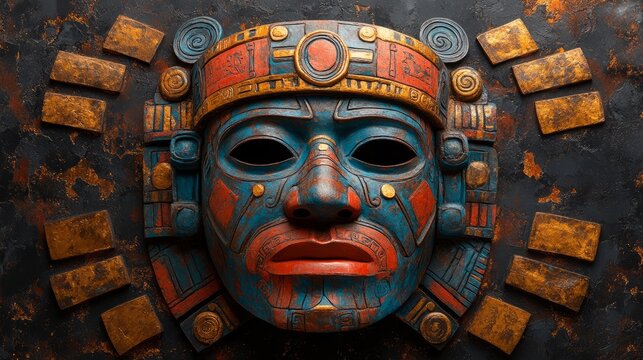 Vibrant Mayan mask showcasing rich colors and intricate design, representing ancient artistry
