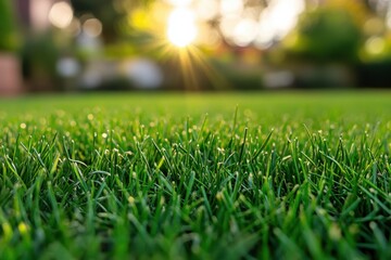 Naklejka premium Close-Up of Grass with Blurry Sunset Background .