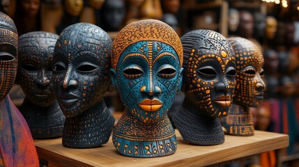 Vibrant marketplace with colorful handcrafted masks showcasing rich cultural heritage and artistry