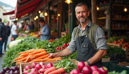 Smiling Farmer Showcases Fresh Carrots at Vibrant Market Stall