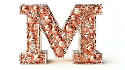 Decorative Rose Gold Letter M with Holiday Ornaments and Design