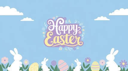 Fototapeta premium Whimsical Easter design with bunnies eggs flowers text