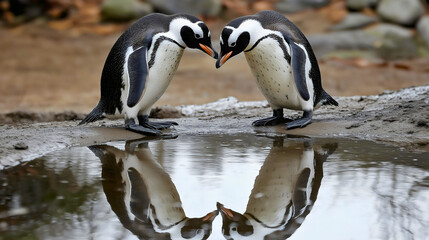 Obraz premium Adorable Penguins Reflecting in Water a Serene Moment in their Natural Habitat