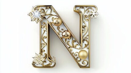 Fototapeta premium Ornate Golden Letter N with Floral and Holiday Decorations