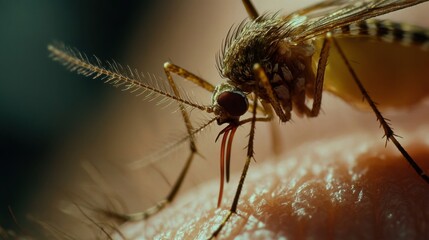 Close-up of a mosquito biting human skin, emphasizing its role as a vector for diseases such as Zika and Yellow Fever.